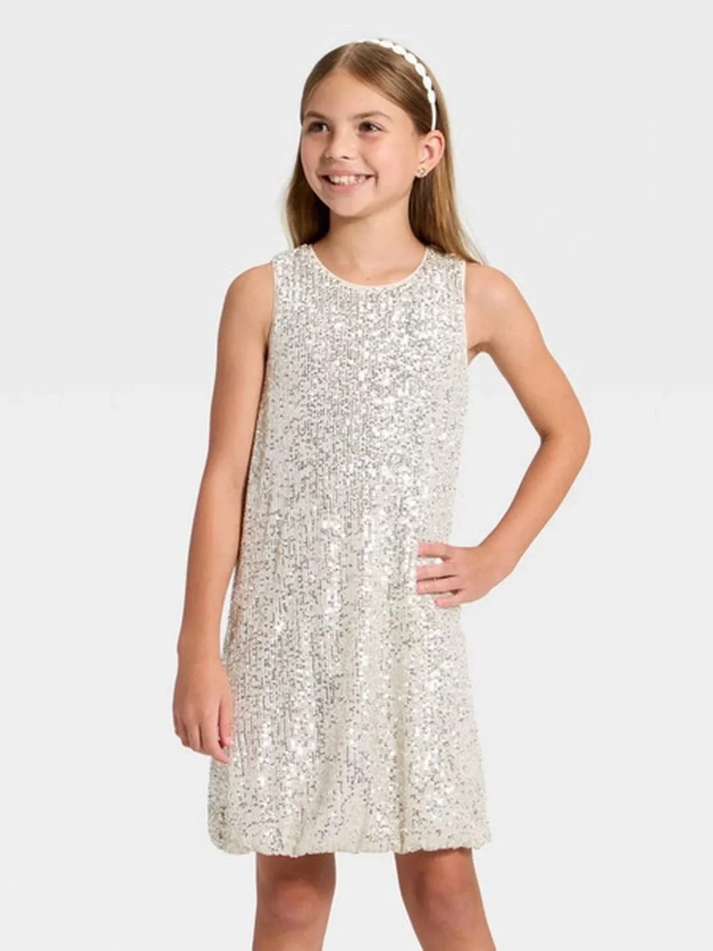 Cat & Jack Girls' Sequin Bubble Hem Dress - Light Silver, L (10/12)